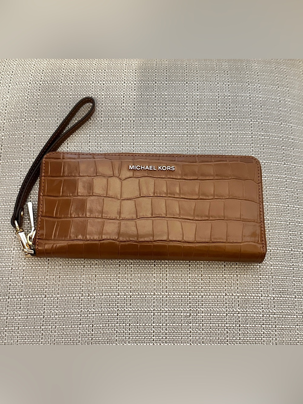 Michael Kors Croc-Embossed Brown Leather Wallet Wristlet